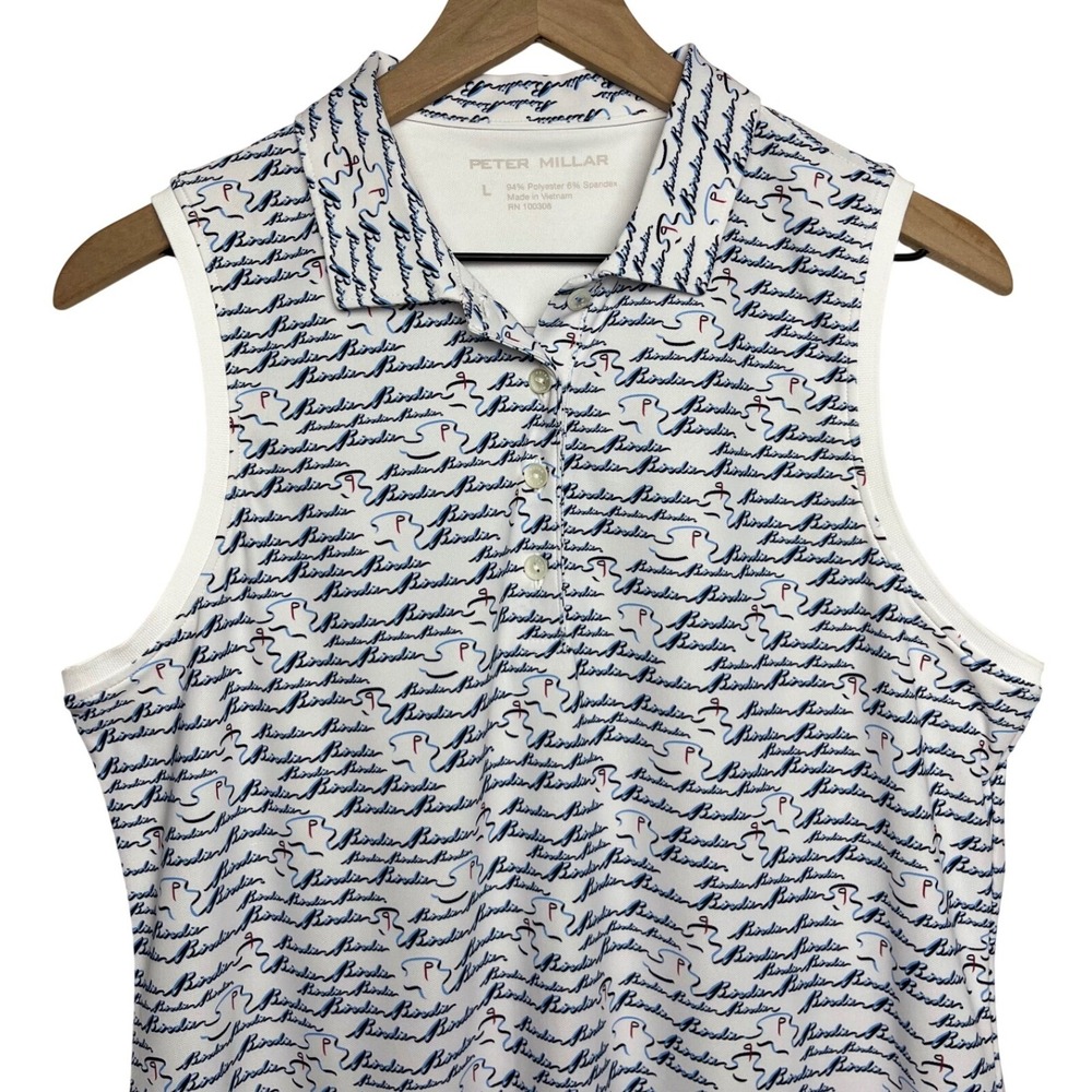 Peter Millar Womens Preppy Birdie Script Sleeveless Golf Polo Shirt White Blue L - Picture 3 of 7